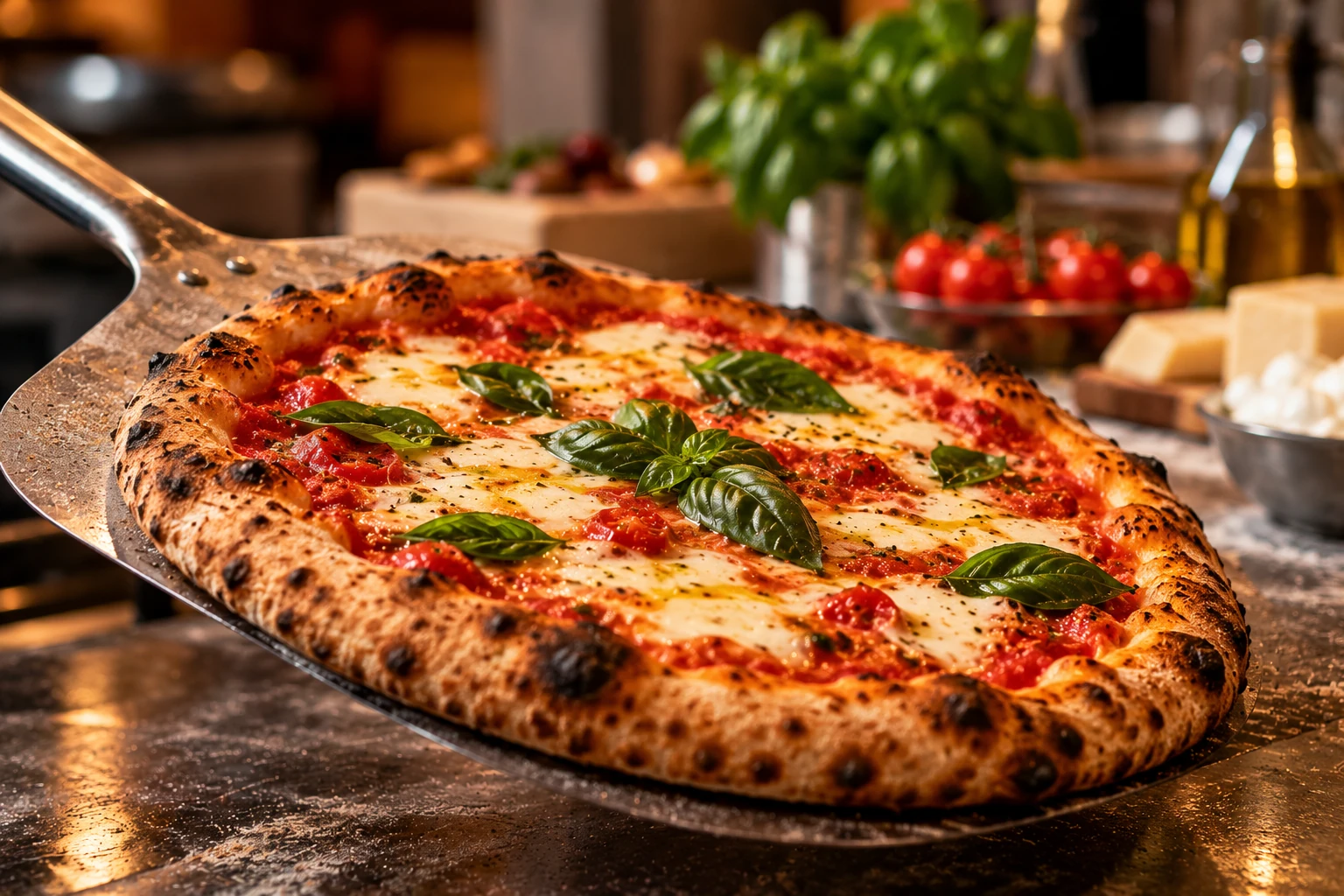 Frisch gebackene italienische Pizza Margherita auf einem Pizzablech mit Mozzarella und Basilikum