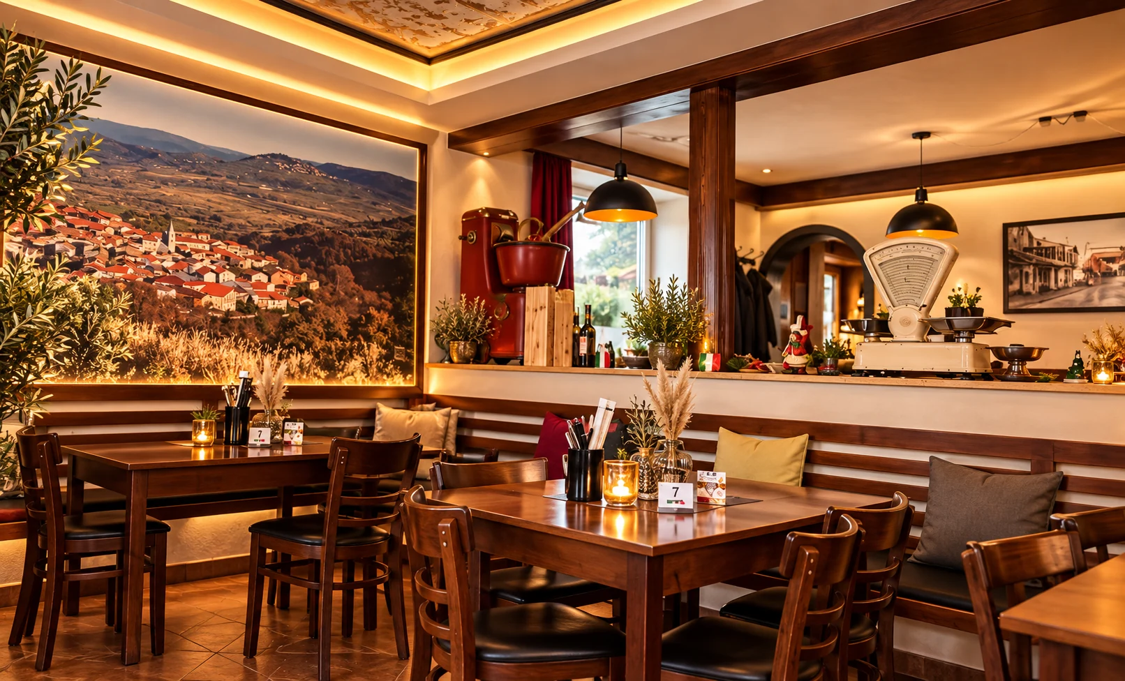 Gemütlicher Innenraum des italienischen Restaurants U CENTRU mit warm beleuchteten Tischen