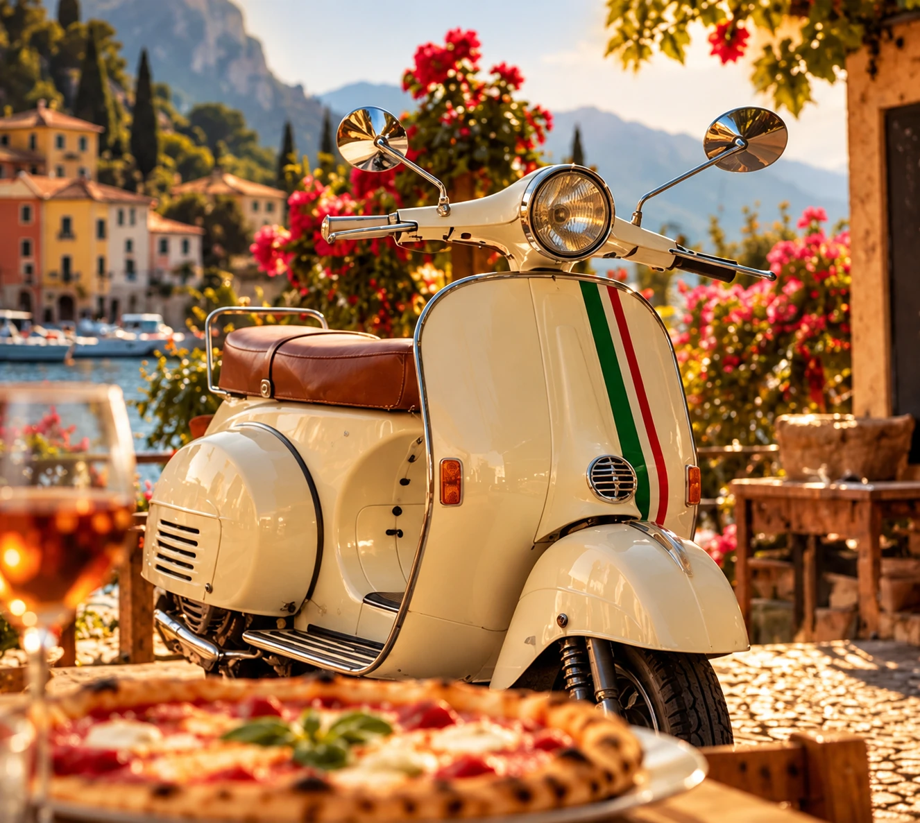 Klassischer italienischer Motorroller vor einer mediterranen Küstenlandschaft